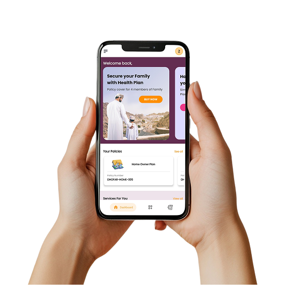 Dhofar Insurance mobile app mockup